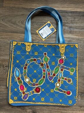 NWT Brighton Glittering Love Tote Bag Blue Multicolor  Zip Closure Inner Pockets